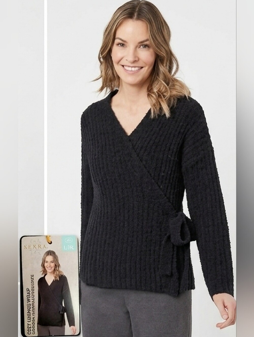 Serra Cozy Lounge Wrap Black Sweater Cardigan with Side Tie NEW L-XL
